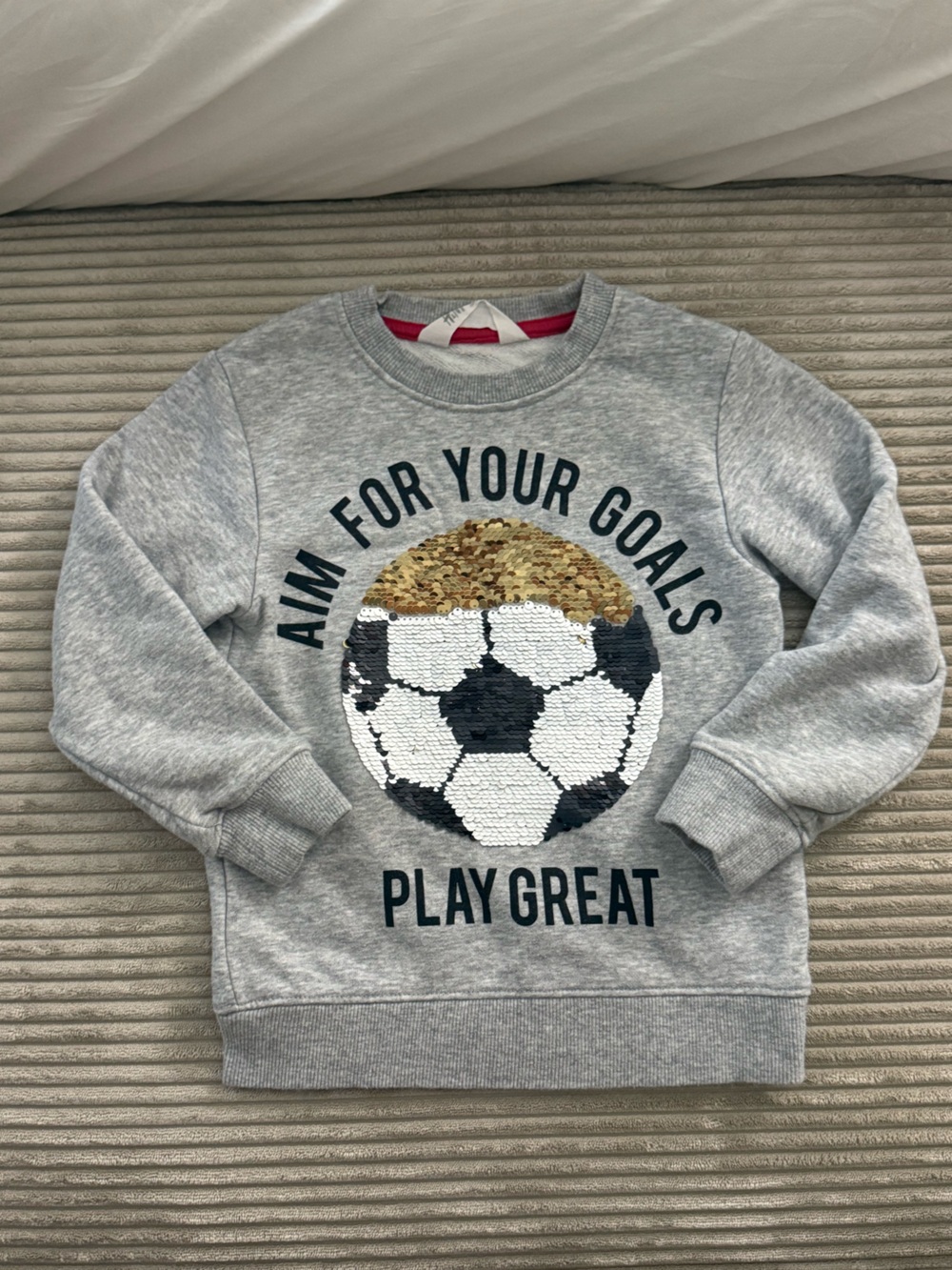 H&M Grey Sweatshirt with Gold & Black Sequin Soccer Ball